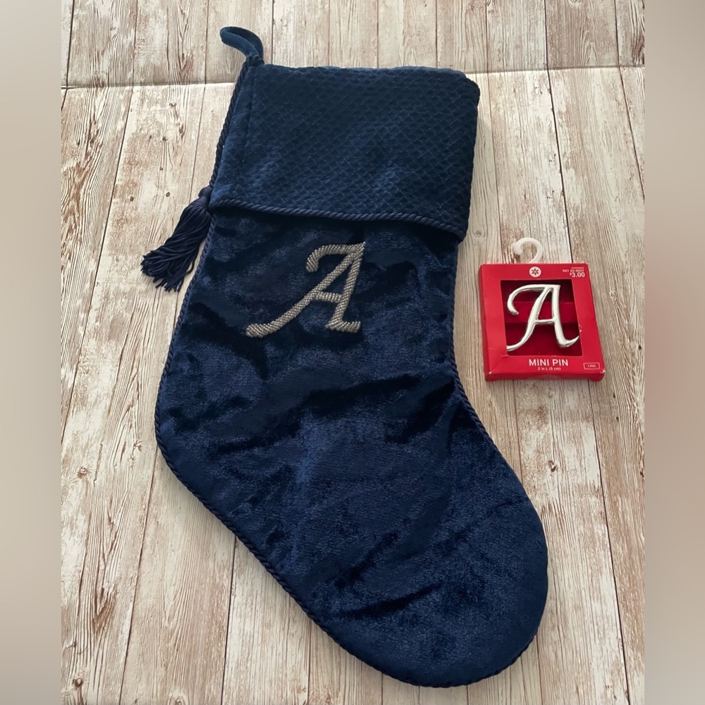 2PC Initial Letter "A" Bundle Christmas Stocking & Stocking Pin